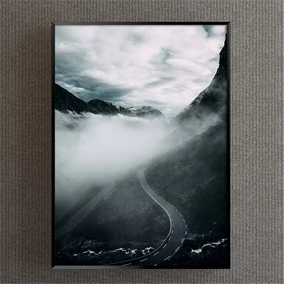 Black and White Landscape Painting With Misty Mountains And Winding Road 3d model
