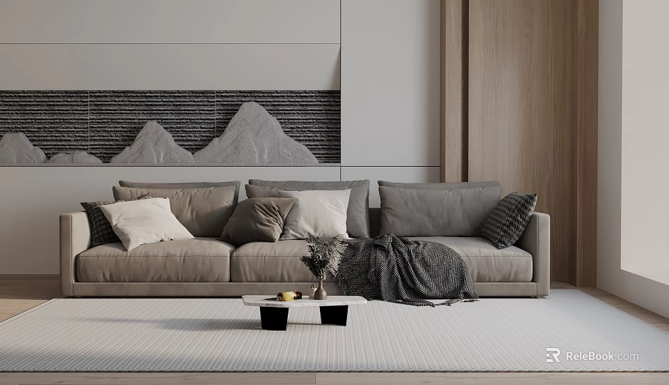 Neutral Three Seater Sofa With Mixed Pillows Throw Blanket And Mountain Artwork On Light Rug 3d model 