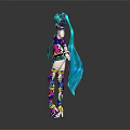 Game Movie Character With Turquoise Long Hair Wearing Colorful Floral Traditional Dress And Stockings