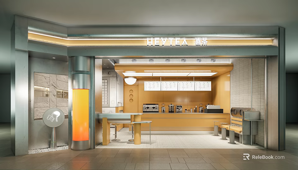 HEYTEA Milk Tea Shop Modern Storefront And Interior Design With Counter Seating And Lighting 3d model 