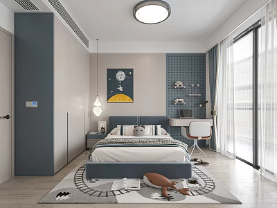 Modern Kids Room Interior Design With Bed Desk Decorative Painting And Rug 3d model