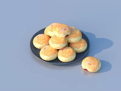 Golden Scones on Black Plate with One Extra Showing Red Jam Filling 3d model