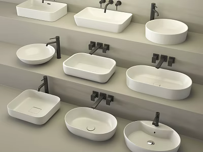Various Shapes and Designs Washbasins with Black Faucets on Modern Display Shelves 3d model