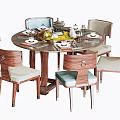 Elegant Round Wooden Dining Table Set With Upholstered Chairs Tableware And Tea Set 3d model