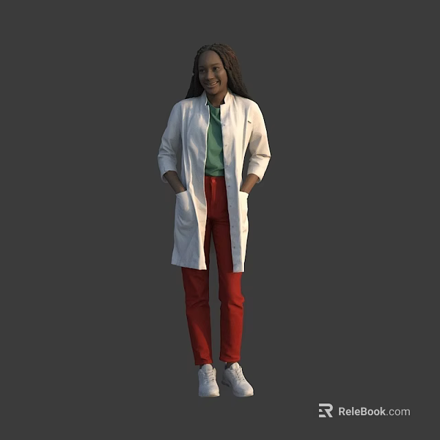 Woman Wearing White Long Coat Green Shirt Red Pants White Shoes with Hands in Pockets 3d model 