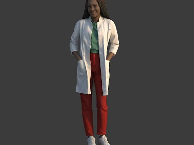 Woman Wearing White Long Coat Green Shirt Red Pants White Shoes with Hands in Pockets 3d model