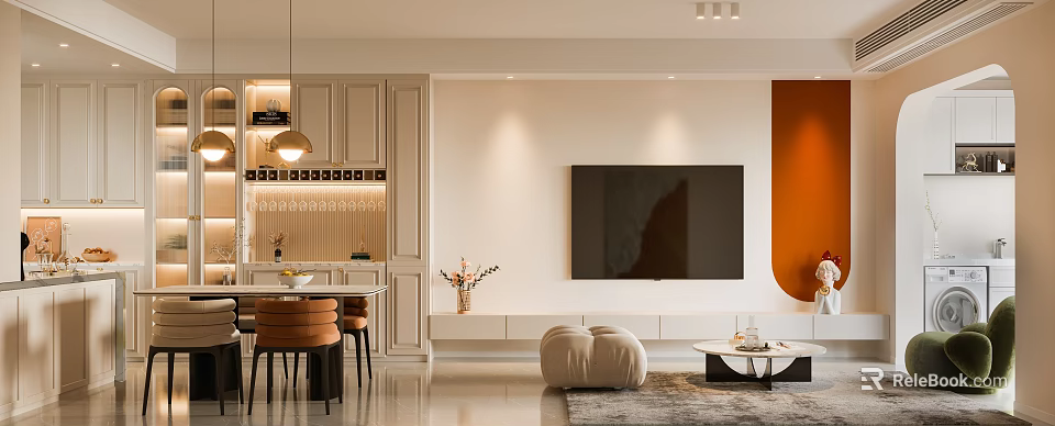 Modern Dining and Living Room Interior Design With TV Wall Dining Table and Decorative Lighting 3d model 