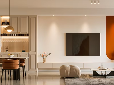 Modern Dining and Living Room Interior Design With TV Wall Dining Table and Decorative Lighting 3d model