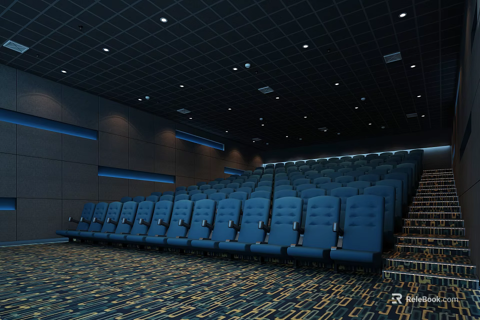 Spacious Cinema Interior With Rows Of Blue Seats Ceiling Lights And Patterned Carpet 3d model 