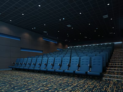 Spacious Cinema Interior With Rows Of Blue Seats Ceiling Lights And Patterned Carpet 3d model