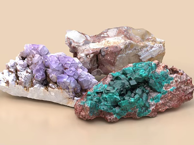Natural Stone And Wood Home Decor Pieces Featuring Purple Green Mineral Crystals 3d model