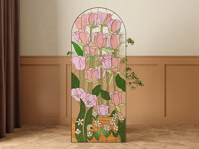 Vibrant Arched Stained Glass Panel With Pink Tulips And Green Leaves In Interior Decor 3d model