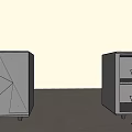 Modern Metal Cabinets One Closed With Geometric Design One Open With Inner Shelves