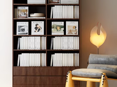 Walnut Wood Bookcase With White Books And Decorative Photos On Shelves 3d model