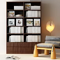 Walnut Wood Bookcase With White Books And Decorative Photos On Shelves