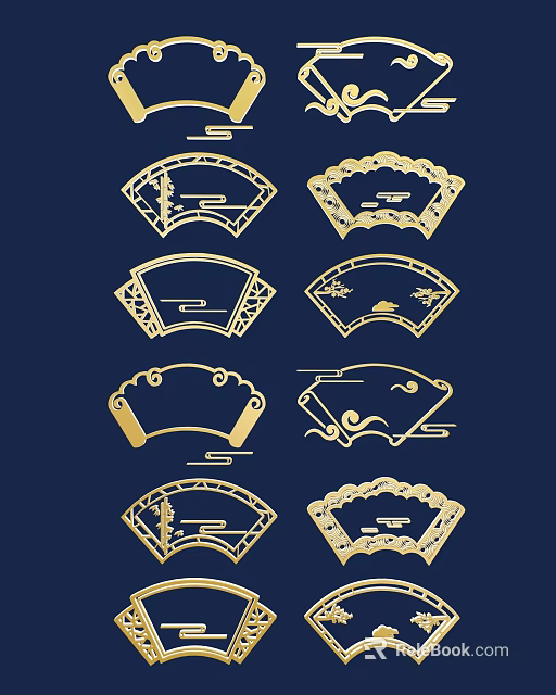 Golden Traditional Chinese Carved Patterns With Fan Shaped And Scroll Ornamental Designs 3d model 