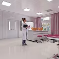 Modern Operating Room With Pink Surgical Bed Surgical Lights Medical Staff And Monitors