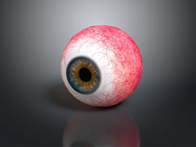 Eyeball with Pink Sclera Blood Vessels Yellow Iris Black Pupil on Gray Background and Reflection 3d model