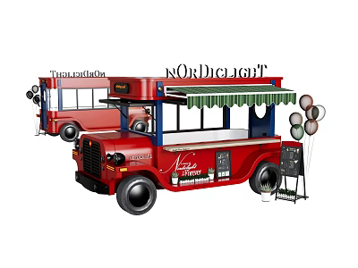 Red Food Truck With Service Window Balloons And NordicLight Signage 3d model