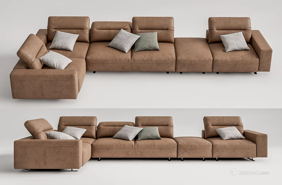 Modern Brown Sectional Sofa With Gray White Decorative Cushions Design 3d model