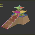 Cartoon Scenery Of Chinese Style Tower With Multi Tiered Roof Staircase And Reflection