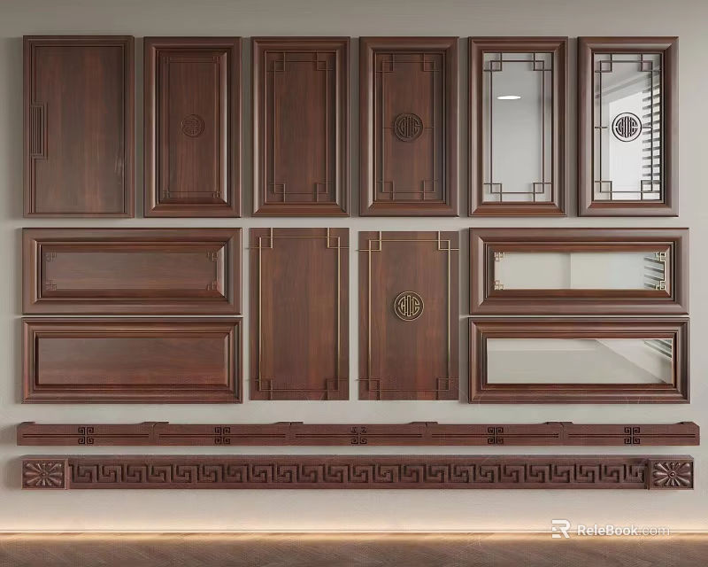 Classic Wooden Wardrobe Doors Featuring Various Panel Designs Mirrored Inserts And Carved Details 3d model 