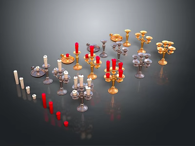 Decorative Candle Holders With Red White Gold Candles And Ornate Designs 3d model