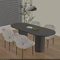 Dark Oval Dining Table Set With Four Light Chairs Wooden Legs Vase And Fruit Platter