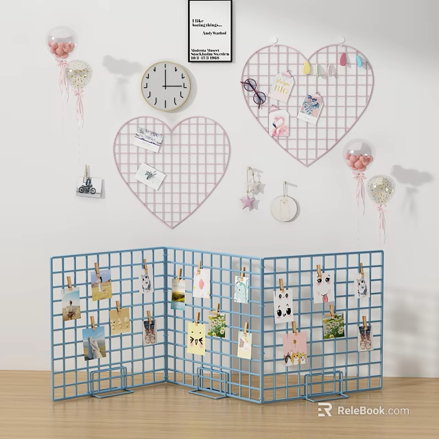 Blue Wire Grid Shelving Unit With Clothespins Cards And Decorative Ornaments 3d model