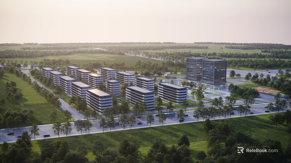 Modern Industrial Factory Complex With Multiple Buildings Green Landscape And Roads 3d model 