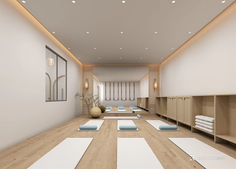 Spacious Yoga Studio Fitness Space With White Mats Wooden Lockers And Calm Atmosphere 3d model 