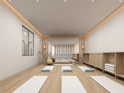 Spacious Yoga Studio Fitness Space With White Mats Wooden Lockers And Calm Atmosphere 3d model