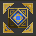 Gold And Blue Geometric Polyhedrons Arranged Around Central Cube With Reflections On Dark Background