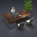 Wooden Office Desk with Computer Monitor Green Plant and Two Chairs in Modern Workspace