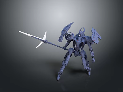Game And Movie Character Mechanical Robot With Spear And Complex Armor In Dynamic Combat Stance 3d model