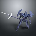 Game And Movie Character Mechanical Robot With Spear And Complex Armor In Dynamic Combat Stance