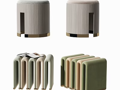 Set of Modern Fabric Upholstered Stools in Green Beige Gray with Ergonomic Design 3d model