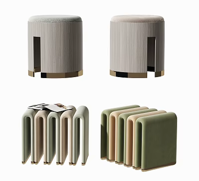 Set of Modern Fabric Upholstered Stools in Green Beige Gray with Ergonomic Design 3d model