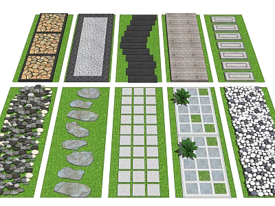 Various Road Pavement Designs With Stone Slabs Pebbles Grid Patterns And Lawn Pathways 3d model