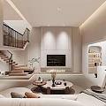 Modern Living Room Interior With Neutral Tones Staircase Fireplace Sofa And Warm Lighting
