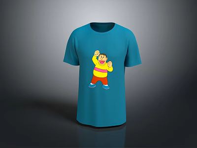 Blue Short Sleeve T-shirt with Cartoon Character Raising Hands in Yellow Red Outfit 3d model