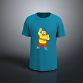 Blue Short Sleeve T-shirt with Cartoon Character Raising Hands in Yellow Red Outfit