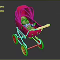 Red Baby Stroller With White Wheels Carrying Cute Baby Lying Comfortably Inside
