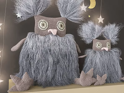 Gray Fluffy Stuffed Dolls with Big Round Eyes Two Sizes Design and Star Moon Decor 3d model