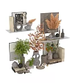 Decorative Ornament Combination With Green Foliage Ceramic Vases Geometric Decor And Books On Layered Shelves