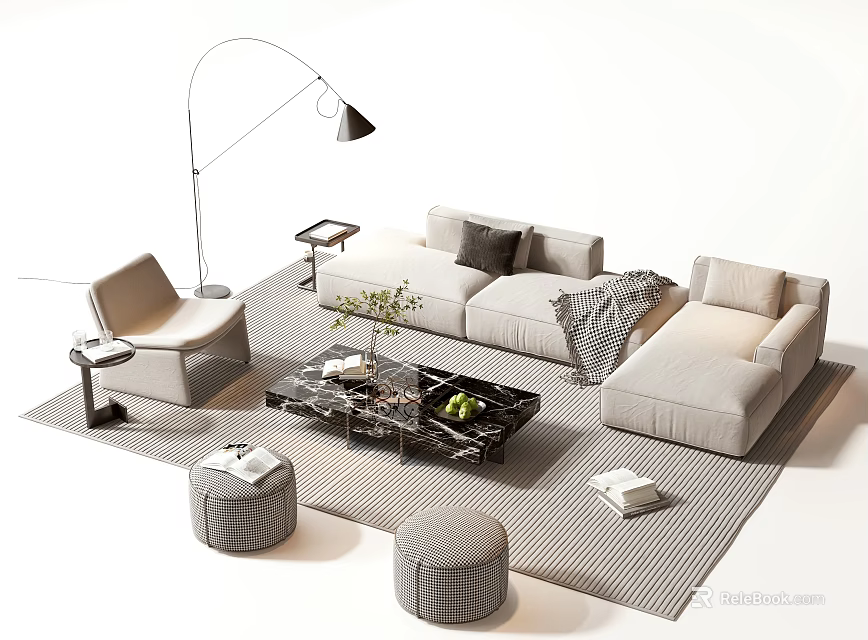Modern Sofa Coffee Table Set With Floor Lamp Striped Rug Pillows And Stools 3d model 