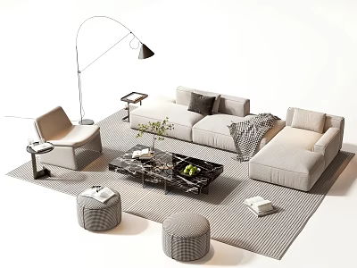 Modern Sofa Coffee Table Set With Floor Lamp Striped Rug Pillows And Stools 3d model