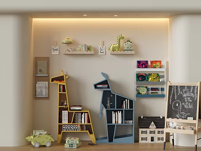 Giraffe Shaped Yellow And Blue Bookcases With Wall Shelves Toys Decor In Kids Room 3d model