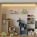 Giraffe Shaped Yellow And Blue Bookcases With Wall Shelves Toys Decor In Kids Room