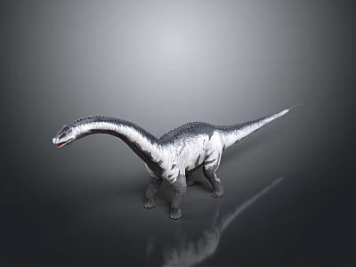 Silver Long Neck Dinosaur Model With Metallic Texture And Reflection On Gray Background 3d model